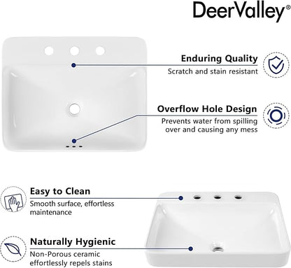 DeerValley 24x19 Inch Rectangular Drop-in Bathroom Sink, White Semi Recessed Vessel Sink with Overflow and Three Faucet Holes, Ceramic Vanity Basin, DV-1DS0121