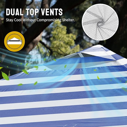 Crown Shades 10x10 Pop Up Canopy - Beach Tent with One Push Setup - Outdoor Sun Shade for Events, Parties, Camping - STO-N-Go Cover Bag, Silver Coated Top, 3 Height& 4 Sand Bags, Navy Blue Stripes