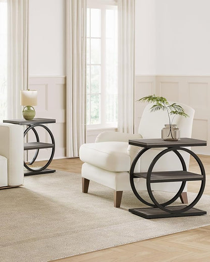 LITTLE TREE End Table, 3-Tier Side Table, Slim Sofa Side Table for Living Room, Tall Bedside Table Nightstand for Bedroom, Grey and Black