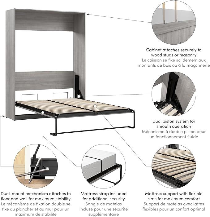 Bestar Claremont 59W Full Murphy Bed in Platinum Gray, Sleeping Arrangement for Multipurpose Area, Bedroom, Guest Room, or Living Room
