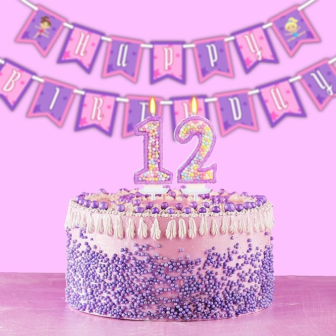 Purple Birthday Candles - Number 12 Candle, Colorful Macaron Candles, 12 Birthday Decorations for Girls, Purple Cake Decorations, Theme Party Supplies