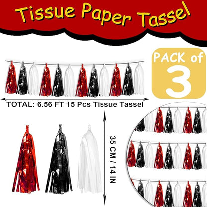 3P Black Red White Tassel Banner Garland Metallic Foil Fringe Banner Tinsel Tassels Streamer Banner Backdrop for Parade Floats Graduation, Halloween, Christmas, Father's Day Party Decorations