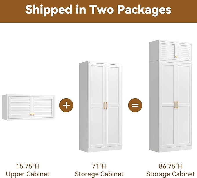 Kitchen Pantry Cabinet, 86 Inch Tall Metal Storage Cabinet, Metal Pantry cabinets with Doors and Shelves, White Storage Cabinets for Living, Dining, Office, Bathroom, Garage, Assembly Required