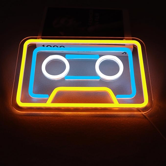 Retro Cassette Neon Sign Vintage Yellow USB Mood Light Music Studio Gaming Room Bar Bedroom Decor