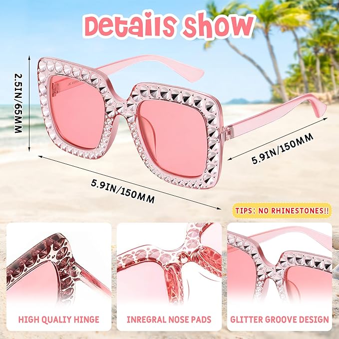 Pibupibu 12/24 Pack Fun Oversized Square Crystal Sunglasses for Women Bulk, Disco Rhinestone Sparkling Glasses Party Favors