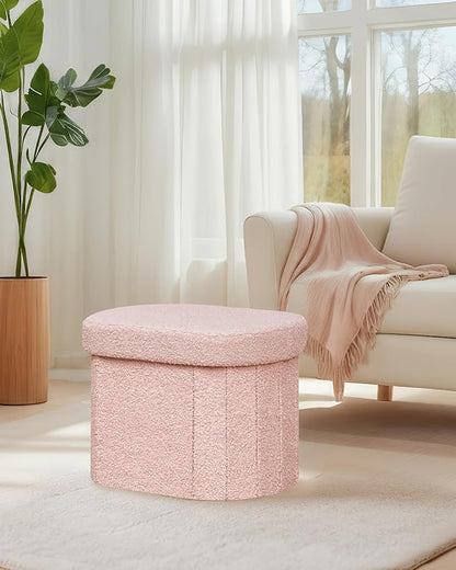 B FSOBEIIALEO Storage Ottoman for Dorm Room, Boucle Folding Storage Ottoman Foot Rest, 16.14 Inches Small Collapsible Ottoman Cube for Living Room Pink