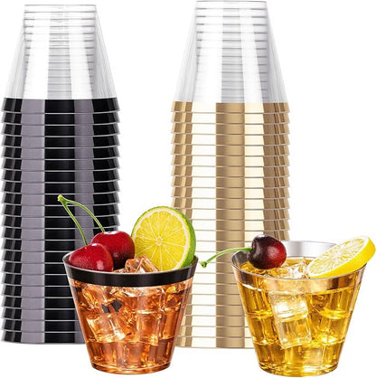 WELLIFE 120PCS Black and Gold Cups,9 OZ Clear Plastic Cups,Disposable Wine Glasses for Parties,Plastic Cocktail Glasses(60 Gold, 60 Black)