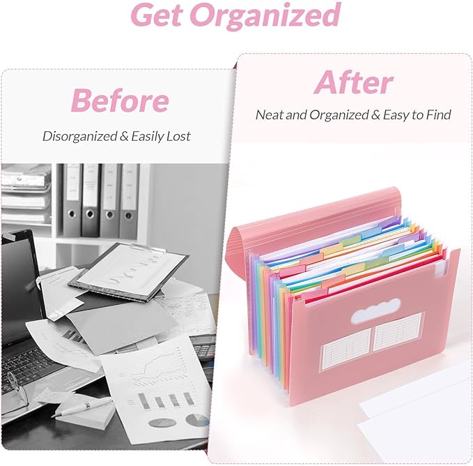 SKYDUE Accordion File Organizer, Expanding File Folder with 13 Pockets, Portable Document Paper Bill Receipt Organizer, Home School Office Supplies, Letter A4 Size Pink