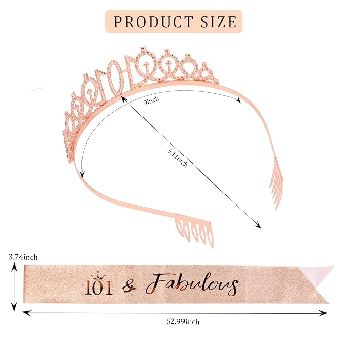 CIEHER 101th Birthday Decorations for Women: Crown, Sash, Pearl Pin - Fabulous 101st Birthday Tiara