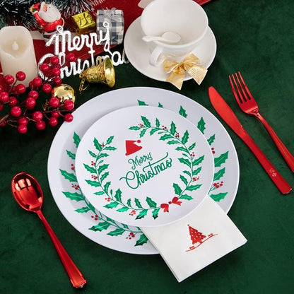 Liacere 175PCS Christmas Plastic Plates - White & Green; Includes 50 Wreath Plates, 25 Red Cutlery, 25 Cups, 25 Tree Napkins
