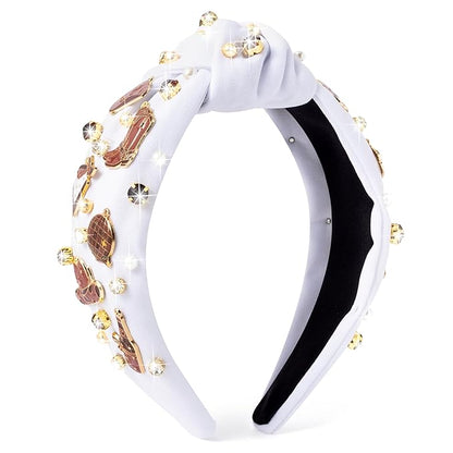 PANTIDE Western Jeweled Knotted Headband - Brown Cowgirl boots Hat Rhinestone Crystal Embellished Headband Wide Top Knot Fashion Hairband Hair Accessories Birthday Gift for Cowboy Women Girls (White)