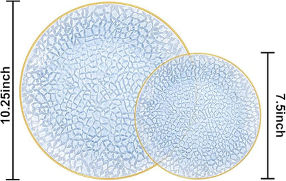 SUT 36Pcs Blue Plastic Plates, Hammered Plates Disposable Heavy Duty, Blue Disposable Plates With Gold Rim, Fancy Plastic plates Include 18 Dinner and 18 Dessert plates for Wedding