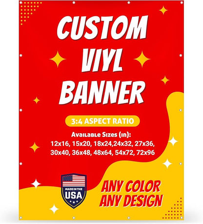 Custom Vinyl Banner with 150+ Sizes – Personalized Outdoor or Indoor Sign – Any Color & Design – Made in USA – Party, Business, Event Use