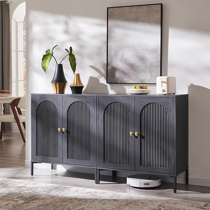 Modern Buffet Cabinet with Storage, 61.75" W Fluted Arched Sideboard Cabinet w/Adjustable Shelves, Wooden Modular Coffee Bar for Dining Room, Kitchen, Living Room, Entryway, Dark Grey