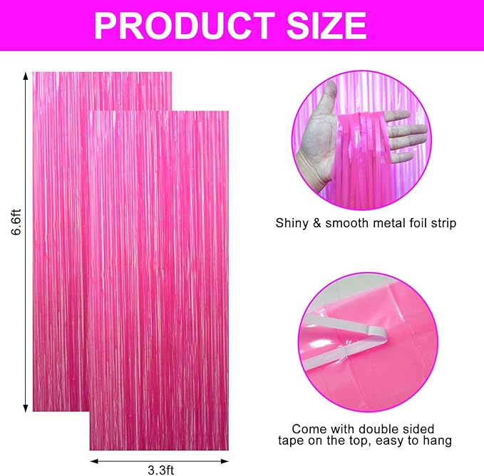 2 Pack Glow in The Dark Foil Fringe Curtains, 3.3 x 6.6 ft Fluorescent Macaron Fuchsia Tinsel Backdrop Neon Party Photo Booth Prop Streamer Birthday Wedding Blacklight Party Supplies Decor