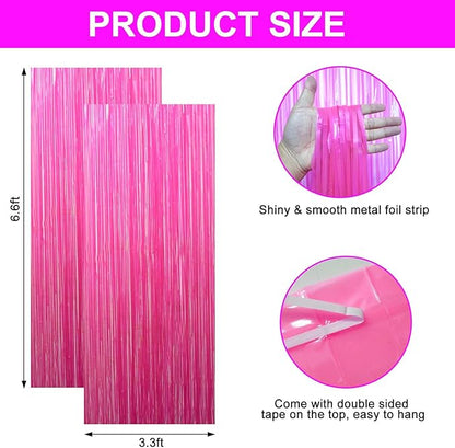 2 Pack Glow in The Dark Foil Fringe Curtains, 3.3 x 6.6 ft Fluorescent Macaron Fuchsia Tinsel Backdrop Neon Party Photo Booth Prop Streamer Birthday Wedding Blacklight Party Supplies Decor