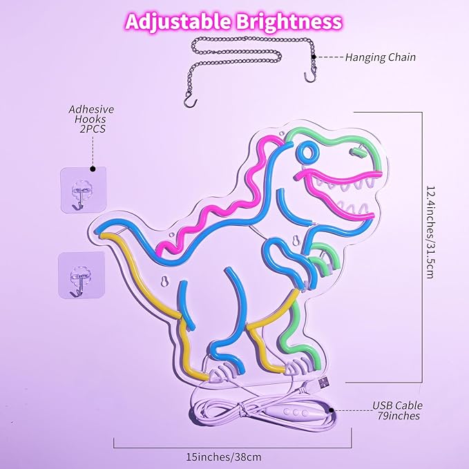 Kids Dinosaur Neon Light - Colorful LED Decor for Children's Bedroom, Dinosaur Birthday Party Decor, Gift for Boys & Girls Age 5-12, 15x12.4" USB Powered