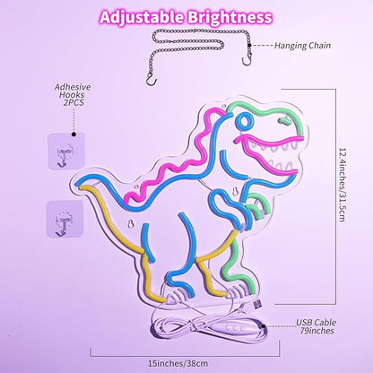 Kids Dinosaur Neon Light - Colorful LED Decor for Children's Bedroom, Dinosaur Birthday Party Decor, Gift for Boys & Girls Age 5-12, 15x12.4" USB Powered