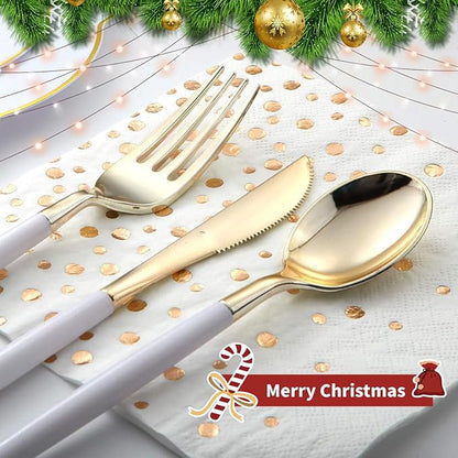 I00000 144Pcs Gold Plastic Silverware, Gold Plastic Utensils Set,Disposable Utensils Heavy Duty,Disposable Silverware Set Includes 48 Forks,48 Knives,48 Spoons for Party & Thanksgiving