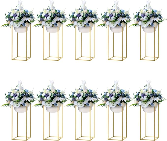 10 Pcs Gold Flower Stands 23.6 Inch Tall, Metal Geometric Floral Display Racks for Wedding Table Centerpieces Decorations, Modern Rectangle Flower Column for Party Event Reception