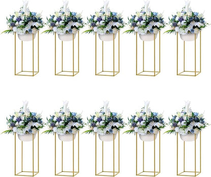 10 Pcs Gold Flower Stands 23.6 Inch Tall, Metal Geometric Floral Display Racks for Wedding Table Centerpieces Decorations, Modern Rectangle Flower Column for Party Event Reception
