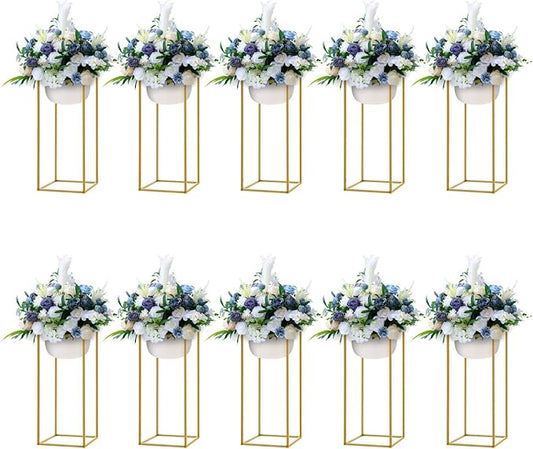 10 Pcs Gold Flower Stands 23.6 Inch Tall, Metal Geometric Floral Display Racks for Wedding Table Centerpieces Decorations, Modern Rectangle Flower Column for Party Event Reception