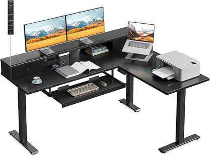 Casaottima 59 Inch Electric L-Shaped Standing Desk with Drawers, Height Adjustable Stand Up Corner Desk with Monitor Stand & Keyboard Tray, Lift Table for Home Office, Workstation, Black