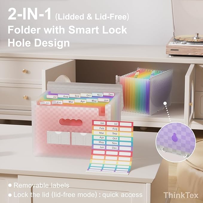 ThinkTex Accordion File Organizer, 12 - Pocket Expanding File Folders for Paper Receipts, Bills & Taxes Organizer, Letter/A4 Size Document Holder for School, Office, Home with Colorful tabs- Pink