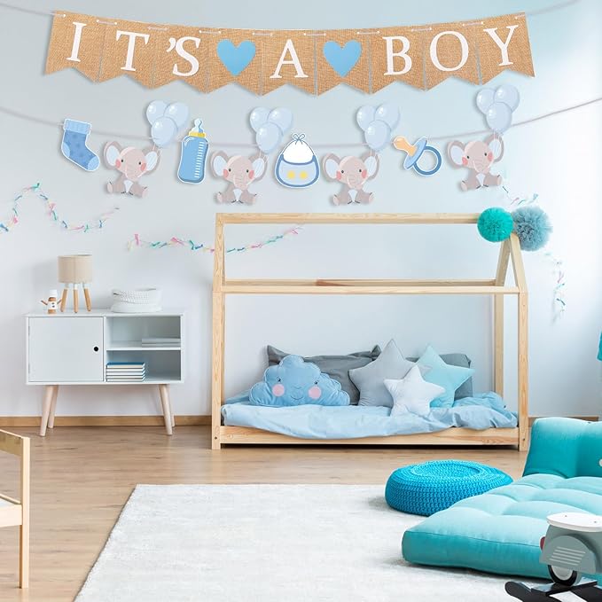 2 Pcs Baby Boy Shower Decorations Pre-Strung It's A Boy Burlap Banner and Elephant Baby Banner for Gender Reveal Birthday Shower Party Decorations