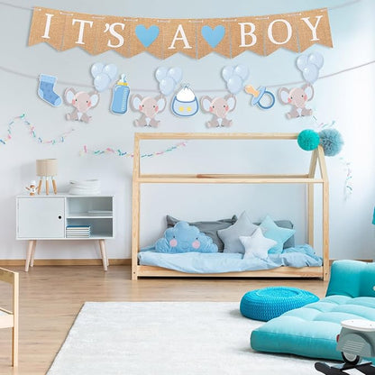2 Pcs Baby Boy Shower Decorations Pre-Strung It's A Boy Burlap Banner and Elephant Baby Banner for Gender Reveal Birthday Shower Party Decorations