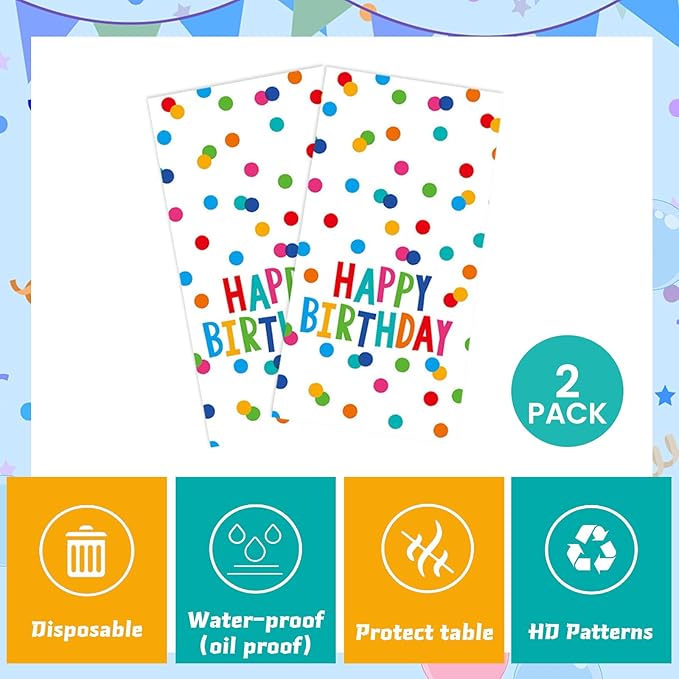 2 Packs Happy Birthday Tablecloth Plastic 54 X 108Inch, Birthday Party Decorations Table Cloth Disposable Colorful Rainbow Dots Birthday Table Cover for Boys Girls Birthday Party Supplies (Birthday)