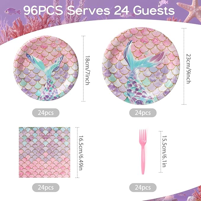 96pcs Mermaid Plates and Napkins Under the Sea Paper Plates Mermaid Fishtail Disposable Tableware Set for 24 Guests Baby Shower Wedding Birthday Party Supplies Decorations
