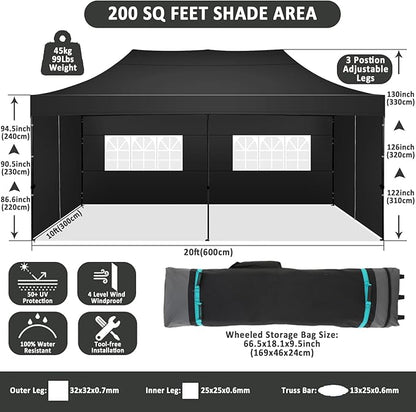 COBIZI 10x20 Pop Up Canopy with 6 Sidewall,Heavy Duty Canopy UPF 50+ All Season Wind Waterproof Commercial Outdoor Wedding Party Tents for Parties Gazebo with Roller Bag(10 x 20 ft Black)