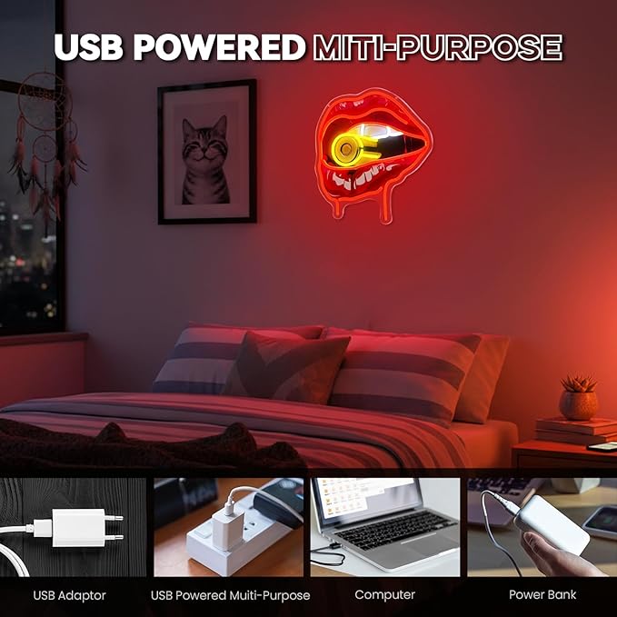 Bullet Red Lips Neon Sign, Flaming Red Lips Neon Signs for Wall Decor, Dimmable Acrylic Neon Lights for Room Bedroom Hotel Club Bar Party Decorations, Perfect Gifts