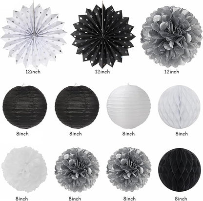 Black White Silver Birthday Party-decorations - 21pcs Boys Men Happy Banner,Paper Streamers Lanterns Honeycomb,Tissue Pom Poms Fan,Adult Supplies Decor 16th 20th 40th 45th 50th 60th Huglony