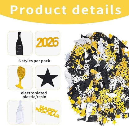 2026 Happy New Year Confetti, New Years Eve Table Decorations, Glitter Gold Black and Silver Star Wine Bottle Sprinkles Champagne Table Scatter Confetti Party Winter Holiday Table Decorations