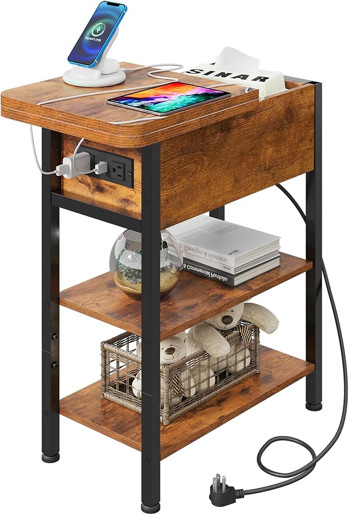 WLIVE End Table with Charging Station, Flip Top Narrow Side Table with Storage Shelf, Small Nightstand with USB Ports and Outlets,Bedside Table for Living Room, Bedroom,11.81" D x 23.62" W x 24.33" H