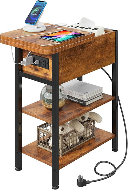 WLIVE End Table with Charging Station, Flip Top Narrow Side Table with Storage Shelf, Small Nightstand with USB Ports and Outlets,Bedside Table for Living Room, Bedroom,11.81" D x 23.62" W x 24.33" H
