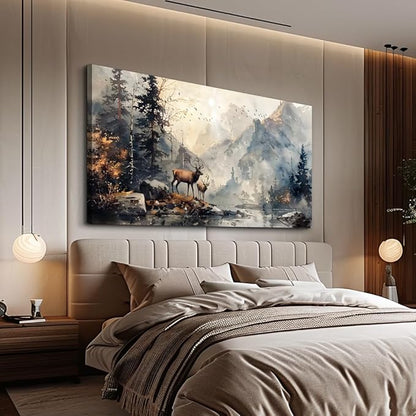FUHAIHUA Canvas Wall Art For Living Room Large Wall Decor For Office Bedroom Wall Pictures Mountain Forest Landscape Ink Paintings Modern Poster Prints Artwork Room Home Decor Deer Mural 24x48 In