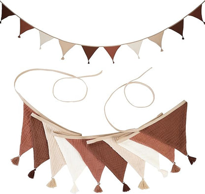 Fabric Bunting Banner, 2 Pack Handmade Neutral String Banner with Tassel Each 8.5 ft 10 Flags Nursery Wall Hanging Wedding Birthday Home Baby Shower Party Decoration Bunting (Coffee Beige 2 Packs)