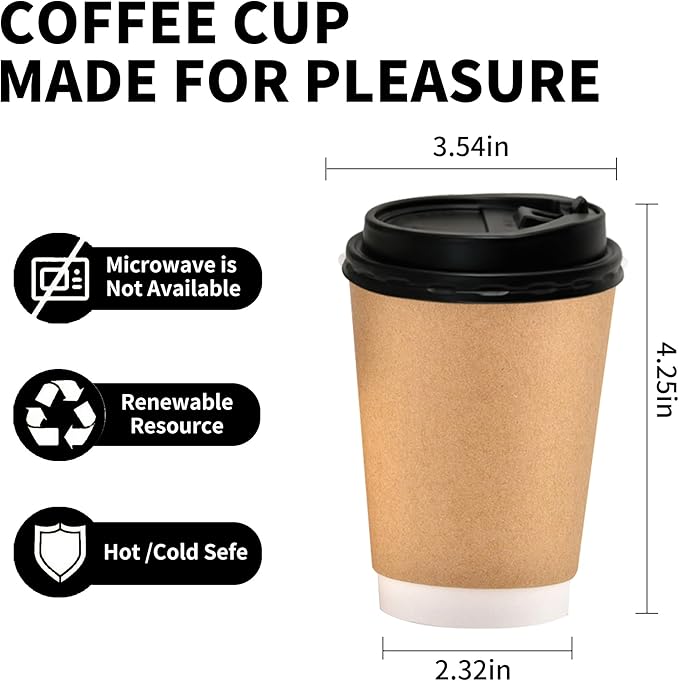 Disposable Coffee Paper Cups Of 12oz With lids, Double Wall Insulated Hot To go Cups With Lids, Hot Coffee Cups With Lids For Coffee Supplies, Daily Usage Or Any events