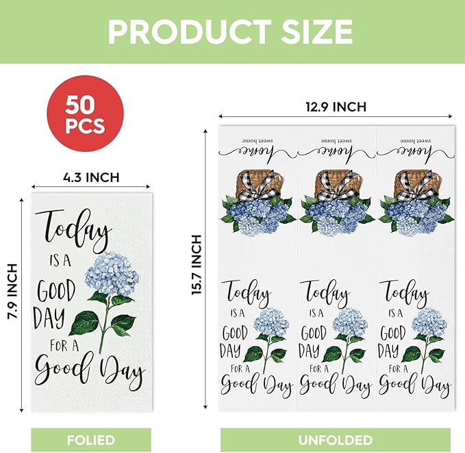 Horaldaily 50 Disposable Paper Decorative Guest Napkins, Blue Hydrangea Good Day Celebration Hand Towel for Party Lunch Dinner Kitchen Bathroom