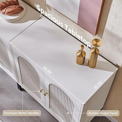 Modern Buffet Cabinet with Storage, 34" Tall Fluted Arched Sideboard Cabinet w/Adjustable Shelves, Wooden Modular Coffee Bar for Dining Room, Kitchen, Living Room, Entryway, White