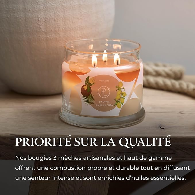 PartyLite Coastal Amber & Shea Scented, Notes of Ylang Flower, Citron, Sweet Coconut & Amber Creme, 13.2oz 3-Wick Jar Candle, 45 Hour Burn Time, Luxurious Fragrance, Ideal for Gifting