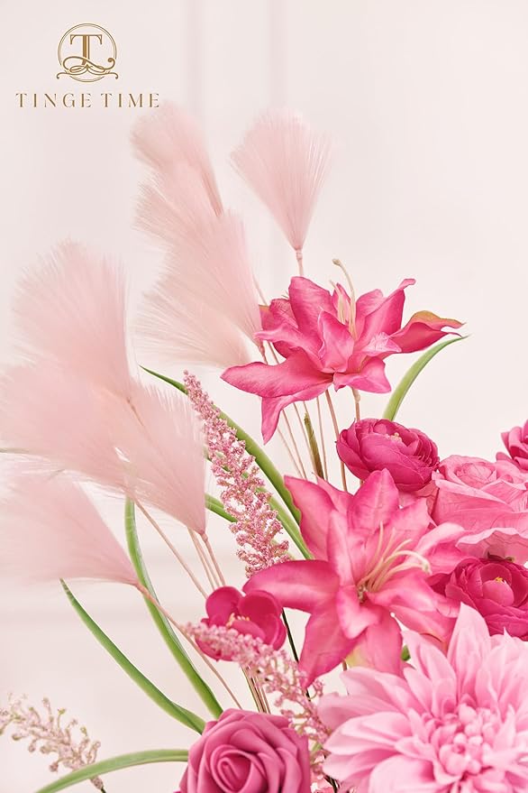 TINGE TIME Free-Standing Artificial Flower Set of 2, Table Centerpiece with Rubber Pad, Silk Fake Flower for Wedding Centerpiece Archway Aisle Welcome Entrance (Hot Pink)