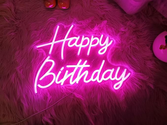 Happy Birthday Neon Sign for Wall Decor, Led Signs with Dimmable Switch, USB Powered Happy Birthday Backdrop Light Up Signs for Party Decorations, 16.1"x12.2" Pink