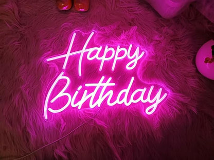 Happy Birthday Neon Sign for Wall Decor, Led Signs with Dimmable Switch, USB Powered Happy Birthday Backdrop Light Up Signs for Party Decorations, 16.1"x12.2" Pink