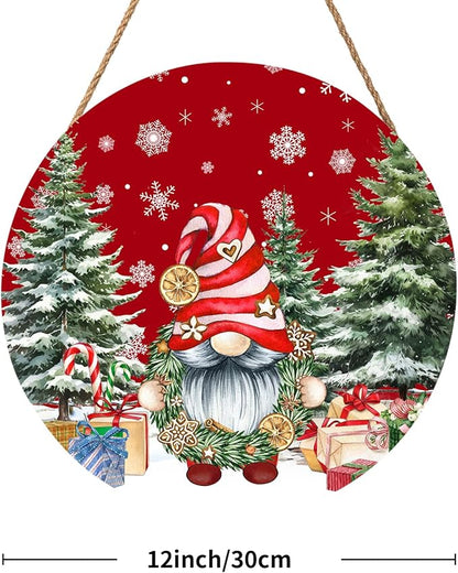 Christmas Gnome Welcome Sign - Merry Christmas Door Hanger, 12'x12' Wooden Hanging Sign for Front Door, Porch Decor, Winter Wreath