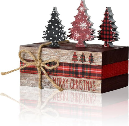 Smile Christmas Wooden Books Stack,Red and Black Check Faux Books Bundle, Trees Tiered Tray Decorations, for Home Table Mantle Shelf.