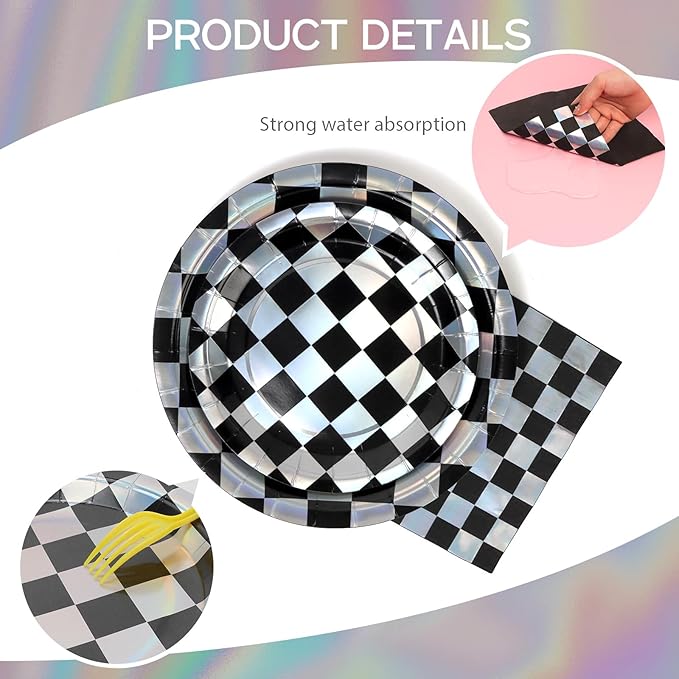 96pcs Disposable Checkerboard Pattern Tableware Set Black and White Kids Birthday Party Paper Plates Round for 24 Guests Table Supplies Picnic Tea Party (Include Plates, Cups and Napkins)